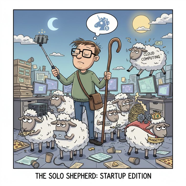 The Solo Shepherd: Startup Edition — a cartoon of a solo founder juggling product, users, cloud, and more