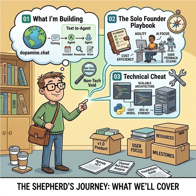 Three agenda items illustrated: my founder journey, the solo founder playbook, and my technical ramp-up stack